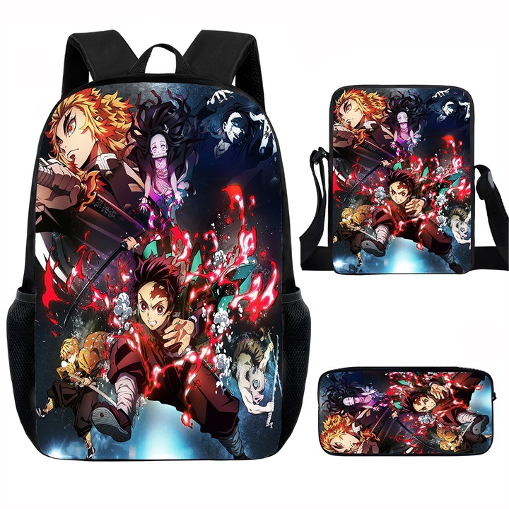 Demon Slayer diák hátizsák szett, 15 hüvelykes, válltáska, egyszerű tolltartó