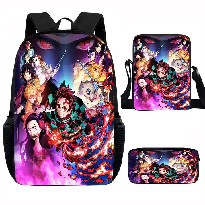 Demon Slayer diák hátizsák szett, 15 hüvelykes, válltáska, egyszerű tolltartó