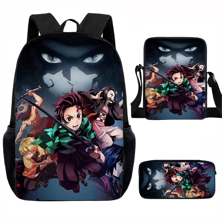 Demon Slayer diák hátizsák szett, 15 hüvelykes, válltáska, egyszerű tolltartó