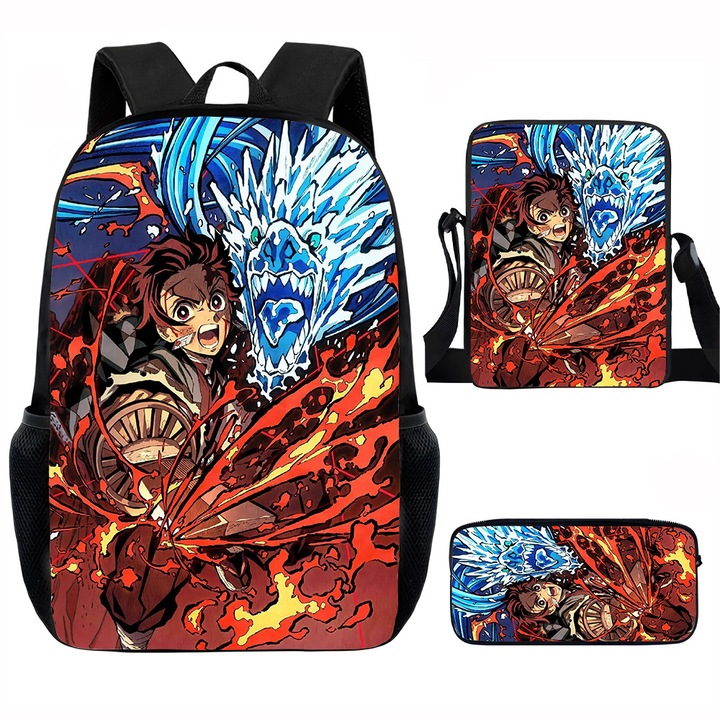 Demon Slayer diák hátizsák szett, 15 hüvelykes, válltáska, egyszerű tolltartó
