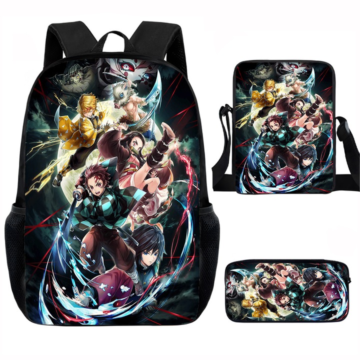 Demon Slayer diák hátizsák szett, 15 hüvelykes, válltáska, egyszerű tolltartó