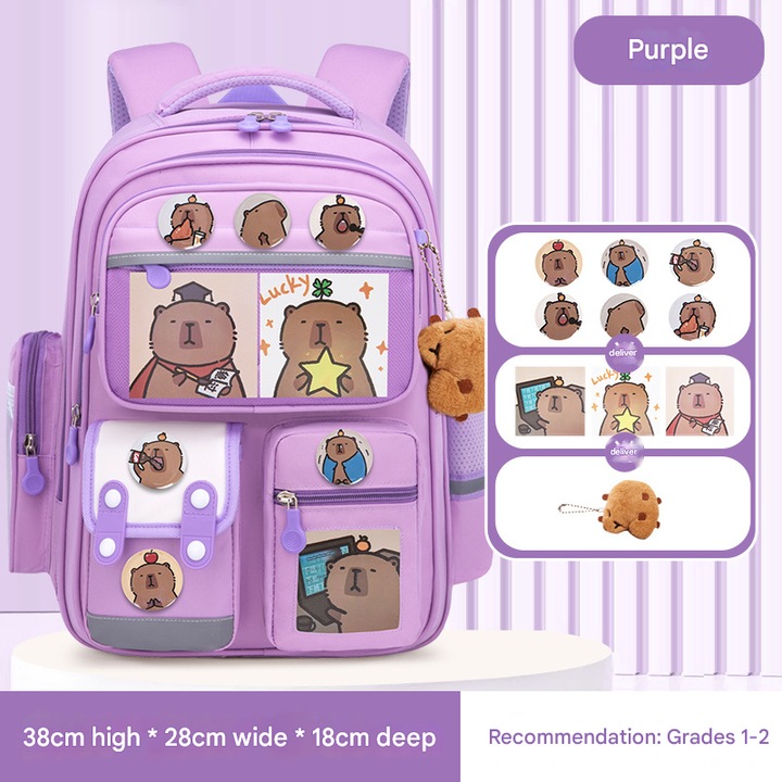 Iskolatáska Kapibala, uniszex, nagy kapacitású, lila, kis méretű, kártyával, jelvénnyel és plüss játékkal szettben.