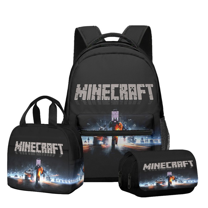Set ghiozdan scolar Minecraft, 3 piese (ghiozdan + geanta de pranz + penar), capacitate mare, multicolor