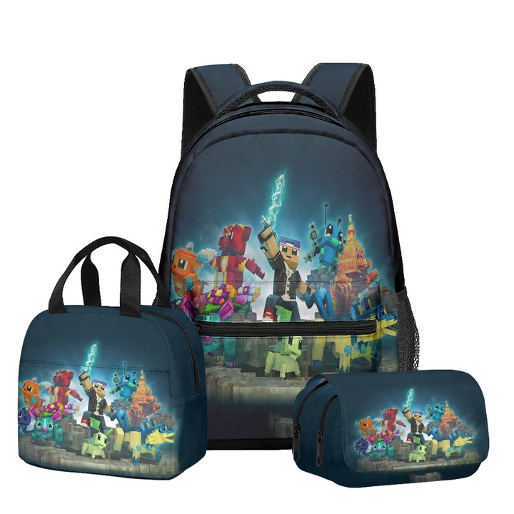 Set ghiozdan scolar Minecraft, 3 piese (ghiozdan + geanta de pranz + penar), capacitate mare, multicolor