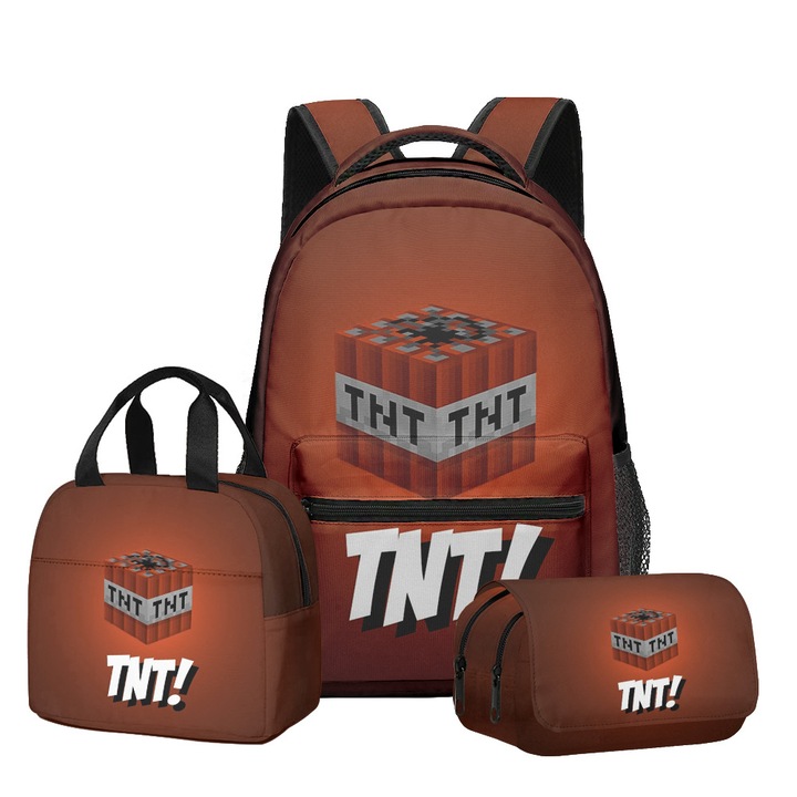 Set ghiozdan scolar cu model Minecraft, 3 piese (ghiozdan + geanta de pranz + penar), capacitate mare