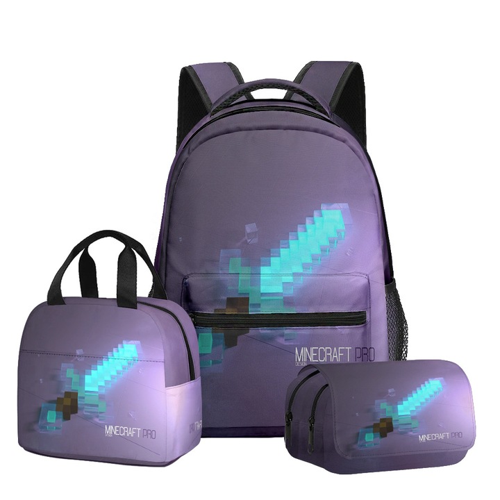 Set ghiozdan scolar Minecraft, 3 piese (ghiozdan + geanta de pranz + penar), capacitate mare, multicolor