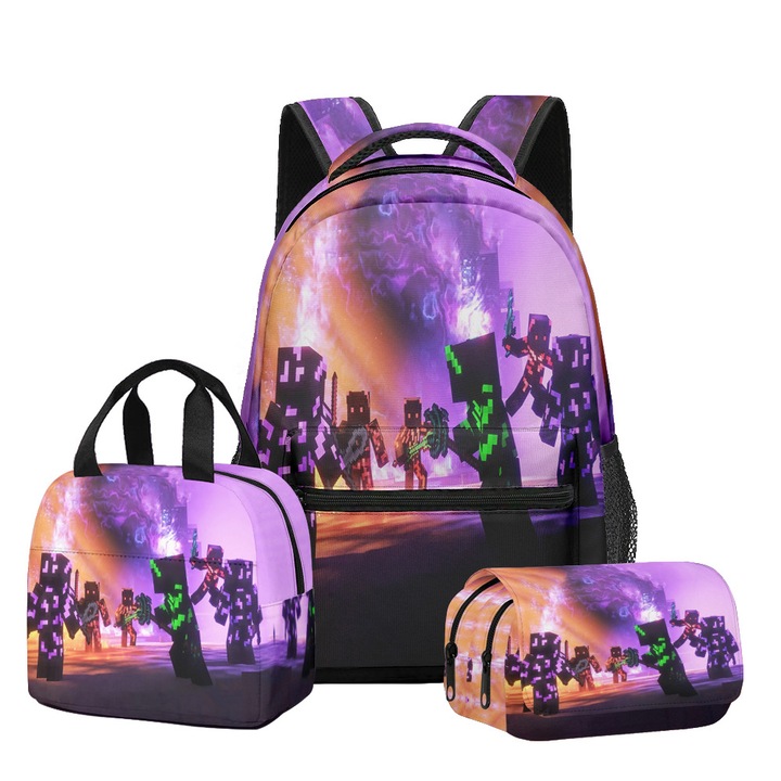 Set ghiozdan scolar Minecraft, 3 piese (ghiozdan + geanta de pranz + penar), capacitate mare, multicolor