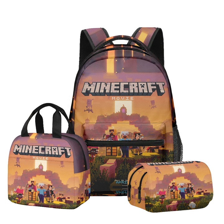 Set ghiozdan scolar Minecraft, 3 piese (ghiozdan + geanta de pranz + penar), capacitate mare, multicolor