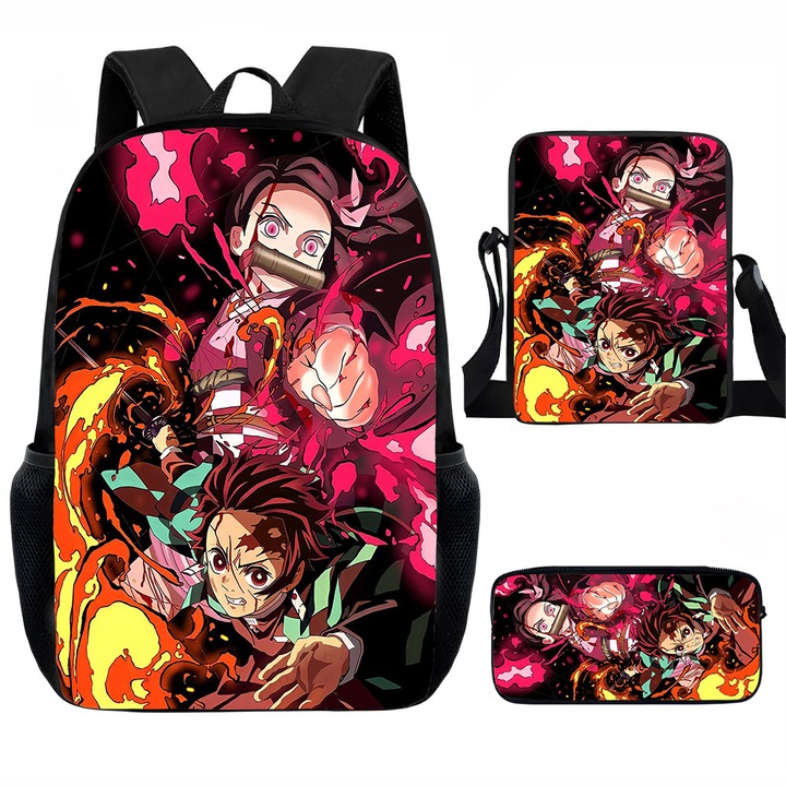 Demon Slayer diák hátizsák szett, 15 hüvelykes, válltáska, egyszerű tolltartó