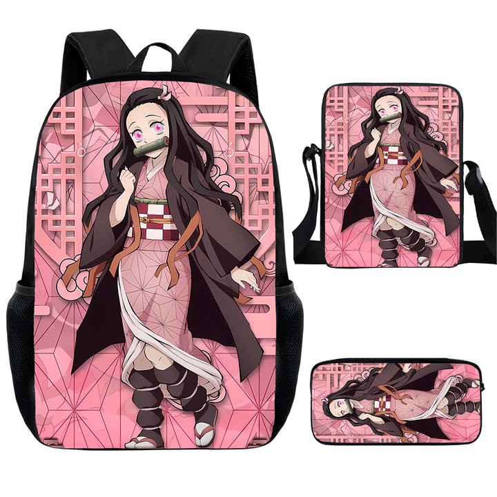 Demon Slayer diák hátizsák szett, 15 hüvelykes, válltáska, egyszerű tolltartó