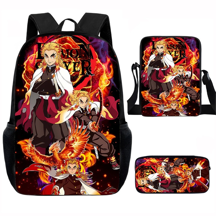 Demon Slayer diák hátizsák szett, 15 hüvelykes, válltáska, egyszerű tolltartó