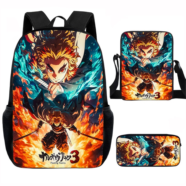 Demon Slayer diák hátizsák szett, 15 hüvelykes, válltáska, egyszerű tolltartó