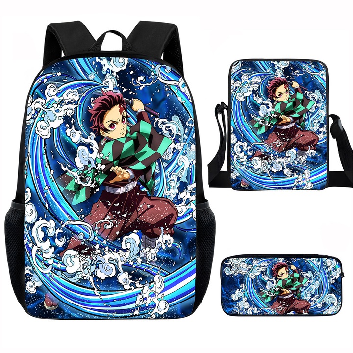 Demon Slayer diák hátizsák szett, 15 hüvelykes, válltáska, egyszerű tolltartó