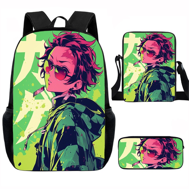 Demon Slayer diák hátizsák szett, 15 hüvelykes, válltáska, egyszerű tolltartó