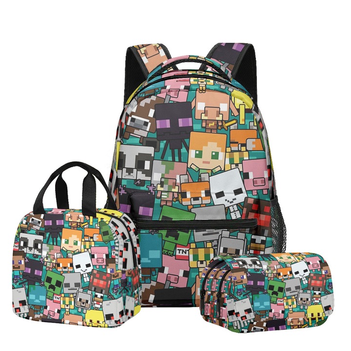 Set ghiozdan scolar Minecraft, 3 piese (ghiozdan + geanta de pranz + penar), capacitate mare, multicolor