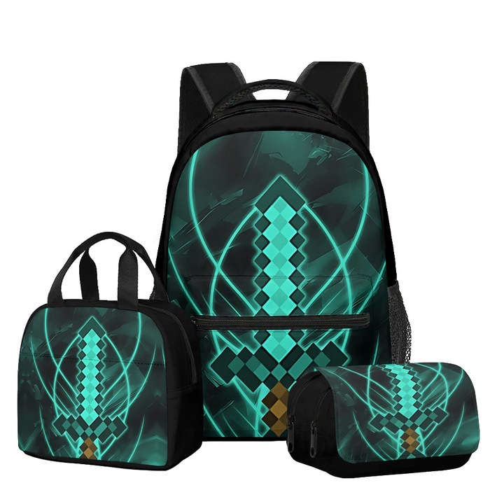Set ghiozdan scolar Minecraft, 3 piese (ghiozdan + geanta de pranz + penar), capacitate mare, multicolor