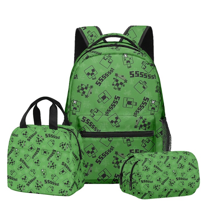 Set ghiozdan scolar Minecraft, 3 piese (ghiozdan + geanta de pranz + penar), capacitate mare, multicolor
