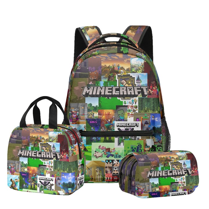 Set ghiozdan scolar Minecraft, 3 piese (ghiozdan + geanta de pranz + penar), capacitate mare, multicolor