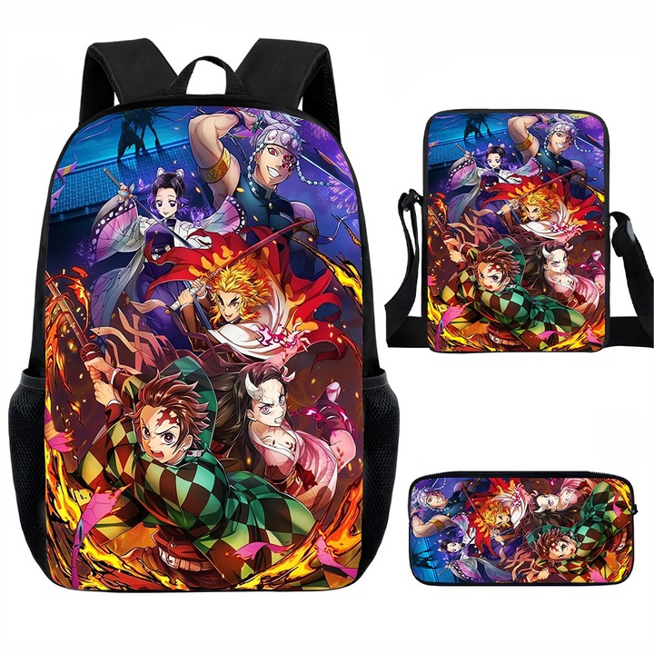 Demon Slayer diák hátizsák szett, 15 hüvelykes, válltáska, egyszerű tolltartó