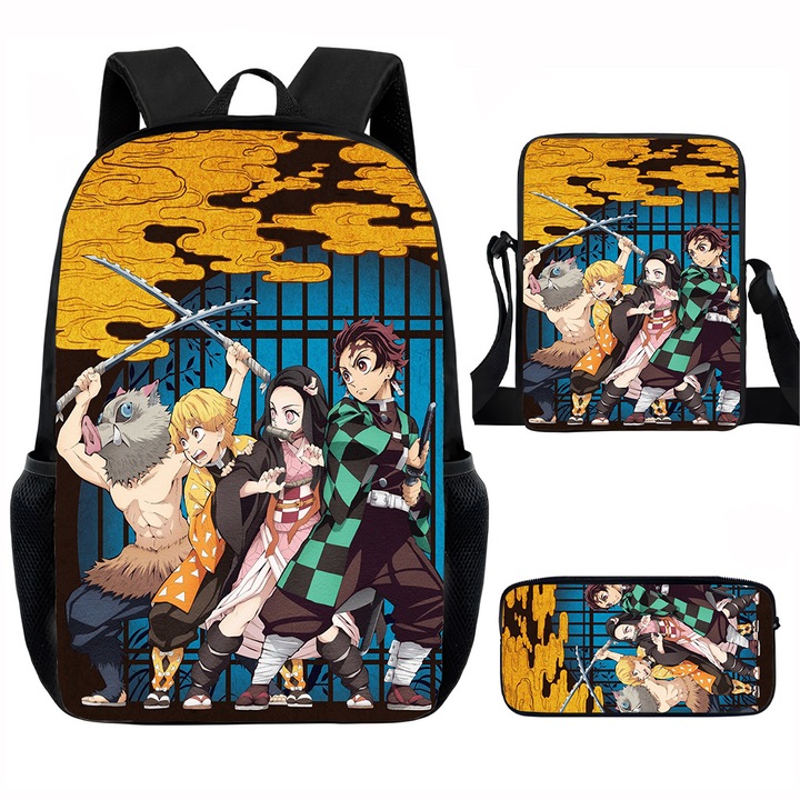 Demon Slayer diák hátizsák szett, 15 hüvelykes, válltáska, egyszerű tolltartó