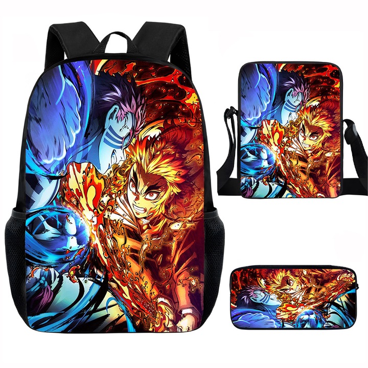 Demon Slayer diák hátizsák szett, 15 hüvelykes, válltáska, egyszerű tolltartó