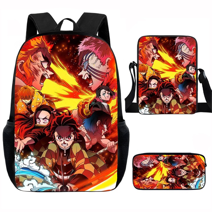 Demon Slayer diák hátizsák szett, 15 hüvelykes, válltáska, egyszerű tolltartó