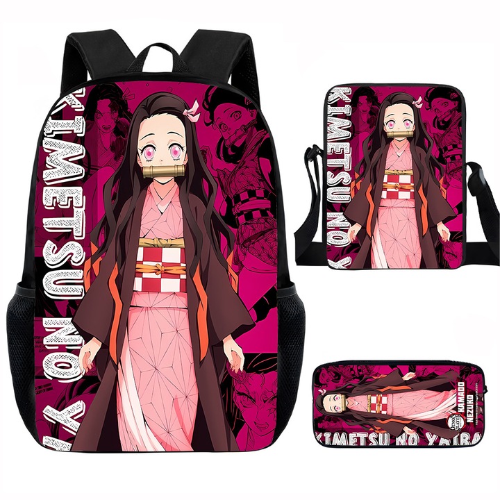 Demon Slayer diák hátizsák szett, 15 hüvelykes, válltáska, egyszerű tolltartó
