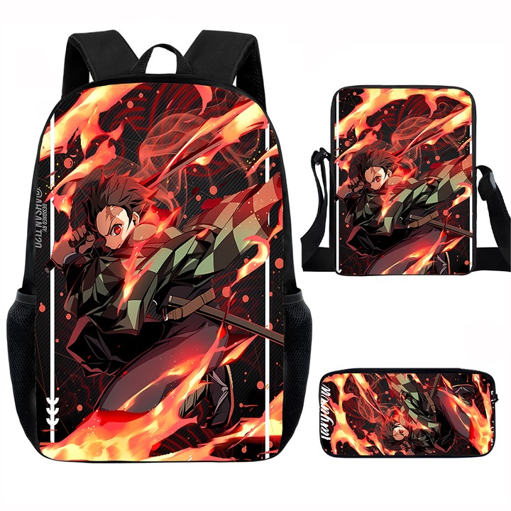 Demon Slayer diák hátizsák szett, 15 hüvelykes, válltáska, egyszerű tolltartó