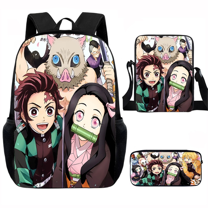 Demon Slayer diák hátizsák szett, 15 hüvelykes, válltáska, egyszerű tolltartó