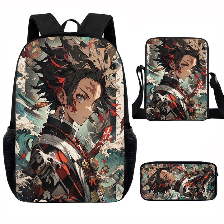 Demon Slayer diák hátizsák szett, 15 hüvelykes, válltáska, egyszerű tolltartó