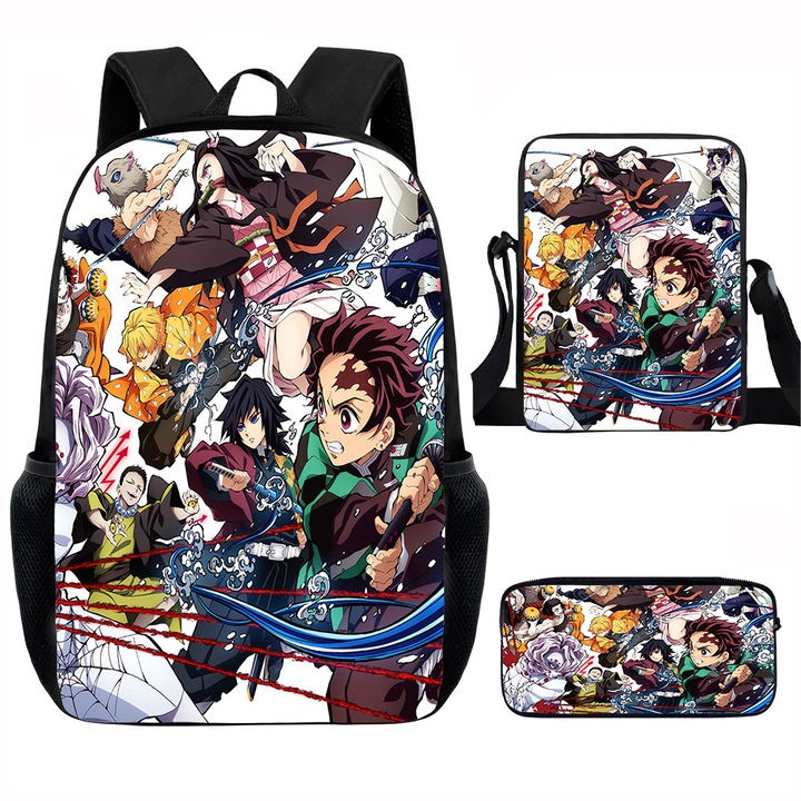 Demon Slayer diák hátizsák szett, 15 hüvelykes, válltáska, egyszerű tolltartó