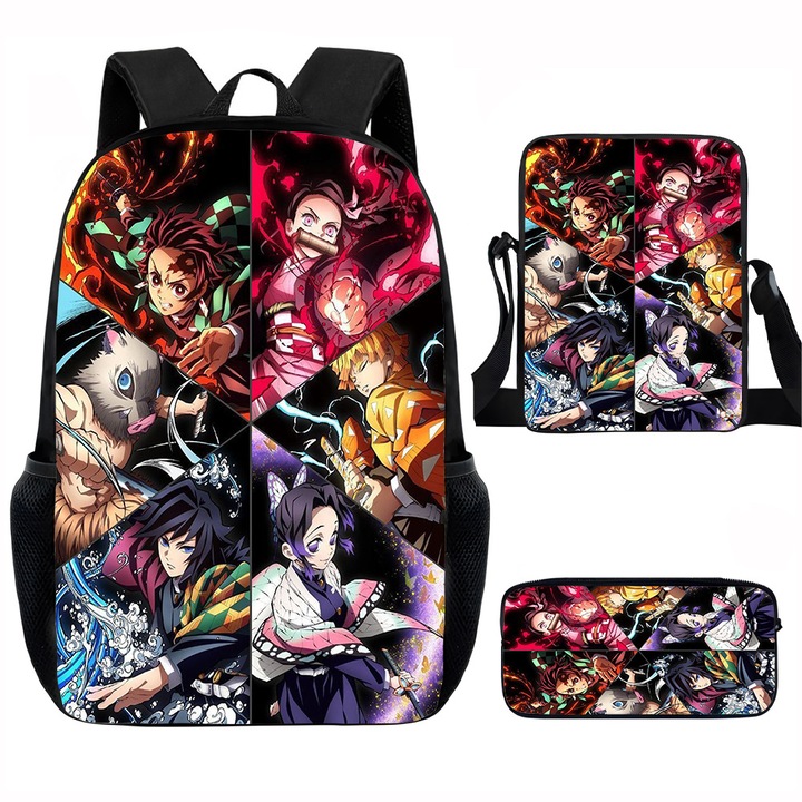 Demon Slayer diák hátizsák szett, 15 hüvelykes, válltáska, egyszerű tolltartó