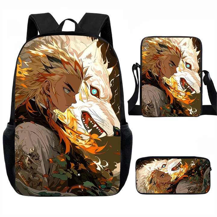 Demon Slayer diák hátizsák szett, 15 hüvelykes, válltáska, egyszerű tolltartó