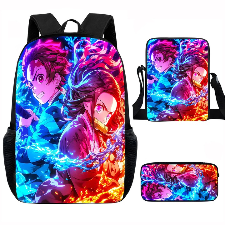 Demon Slayer diák hátizsák szett, 15 hüvelykes, válltáska, egyszerű tolltartó