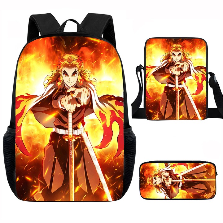 Demon Slayer diák hátizsák szett, 15 hüvelykes, válltáska, egyszerű tolltartó