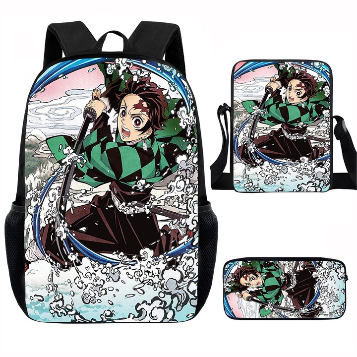 Demon Slayer diák hátizsák szett, 15 hüvelykes, válltáska, egyszerű tolltartó