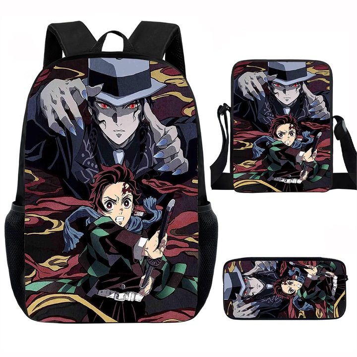 Demon Slayer diák hátizsák szett, 15 hüvelykes, válltáska, egyszerű tolltartó