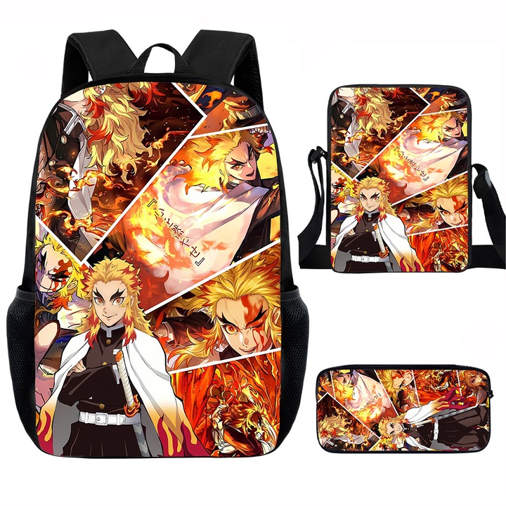 Demon Slayer diák hátizsák szett, 15 hüvelykes, válltáska, egyszerű tolltartó
