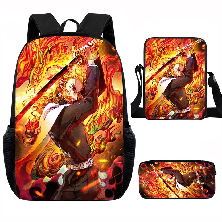 Demon Slayer diák hátizsák szett, 15 hüvelykes, válltáska, egyszerű tolltartó