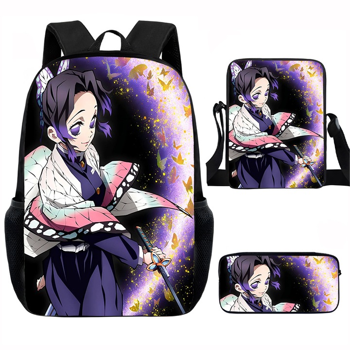 Set ghiozdan student Demon Slayer, 15 inch, geanta umar, penar simplu