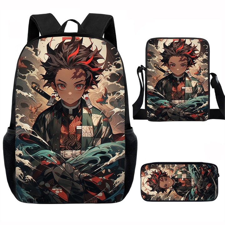 Demon Slayer diák hátizsák szett, 15 hüvelykes, válltáska, egyszerű tolltartó