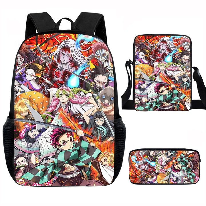 Demon Slayer diák hátizsák szett, 15 hüvelykes, válltáska, egyszerű tolltartó