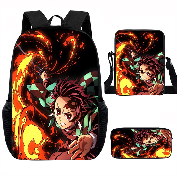 Demon Slayer diák hátizsák szett, 15 hüvelykes, válltáska, egyszerű tolltartó