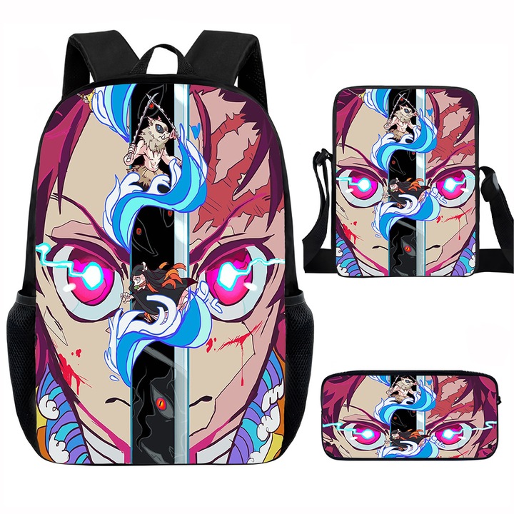 Demon Slayer diák hátizsák szett, 15 hüvelykes, válltáska, egyszerű tolltartó