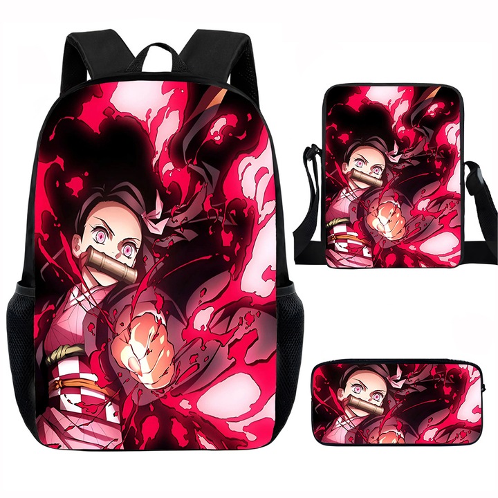 Demon Slayer diák hátizsák szett, 15 hüvelykes, válltáska, egyszerű tolltartó