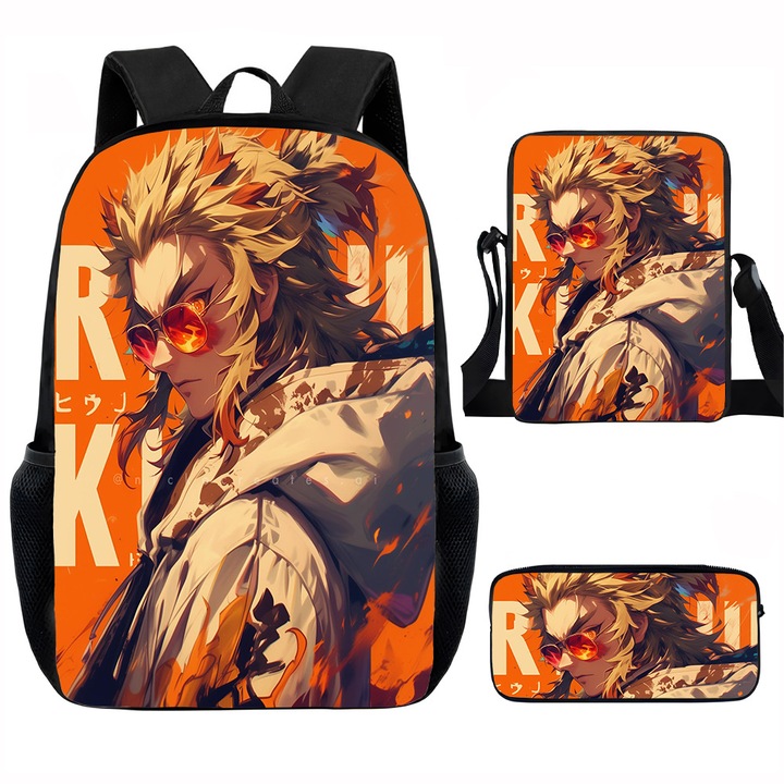 Demon Slayer diák hátizsák szett, 15 hüvelykes, válltáska, egyszerű tolltartó