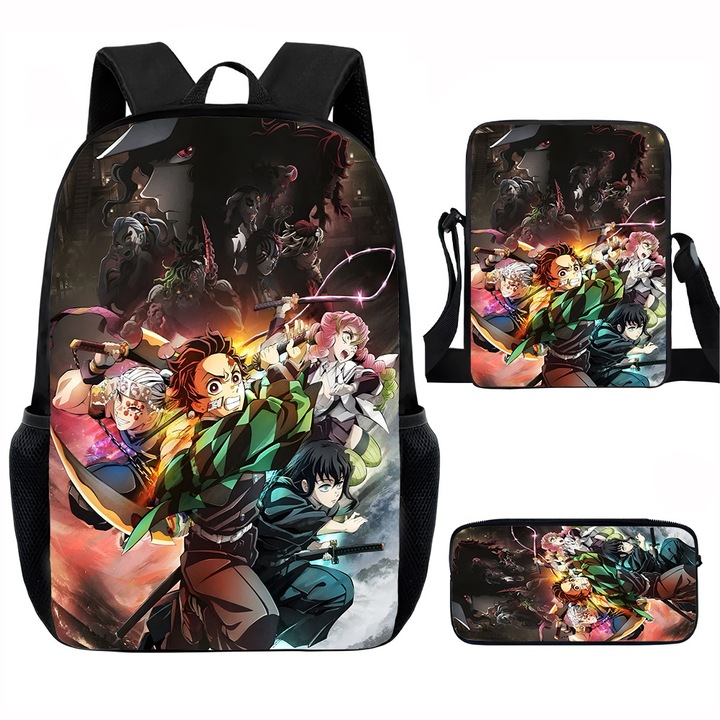 Demon Slayer diák hátizsák szett, 15 hüvelykes, válltáska, egyszerű tolltartó