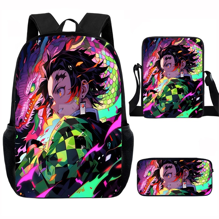 Demon Slayer diák hátizsák szett, 15 hüvelykes, válltáska, egyszerű tolltartó