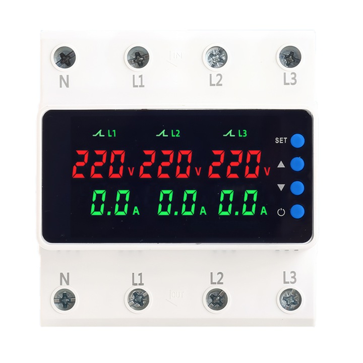 Releu de protectie trifazat 3P+N NOENNO, afisaj digital color, supratensiune/ subtensiune/ supracurent, 63A