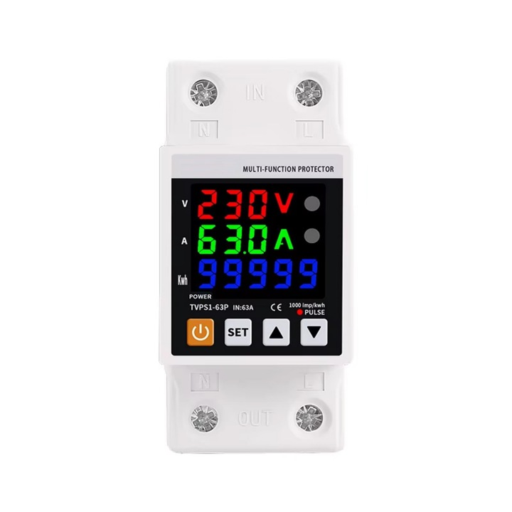 Releu protector inteligent tensiune si curent cu contor energie kWh NOENNO, reglabil 63A, afisaj digital